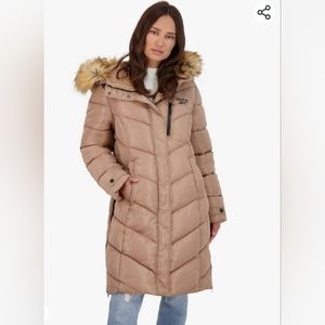 Women's Reebok hooded winter knee length coat in Toffee, beige, size small